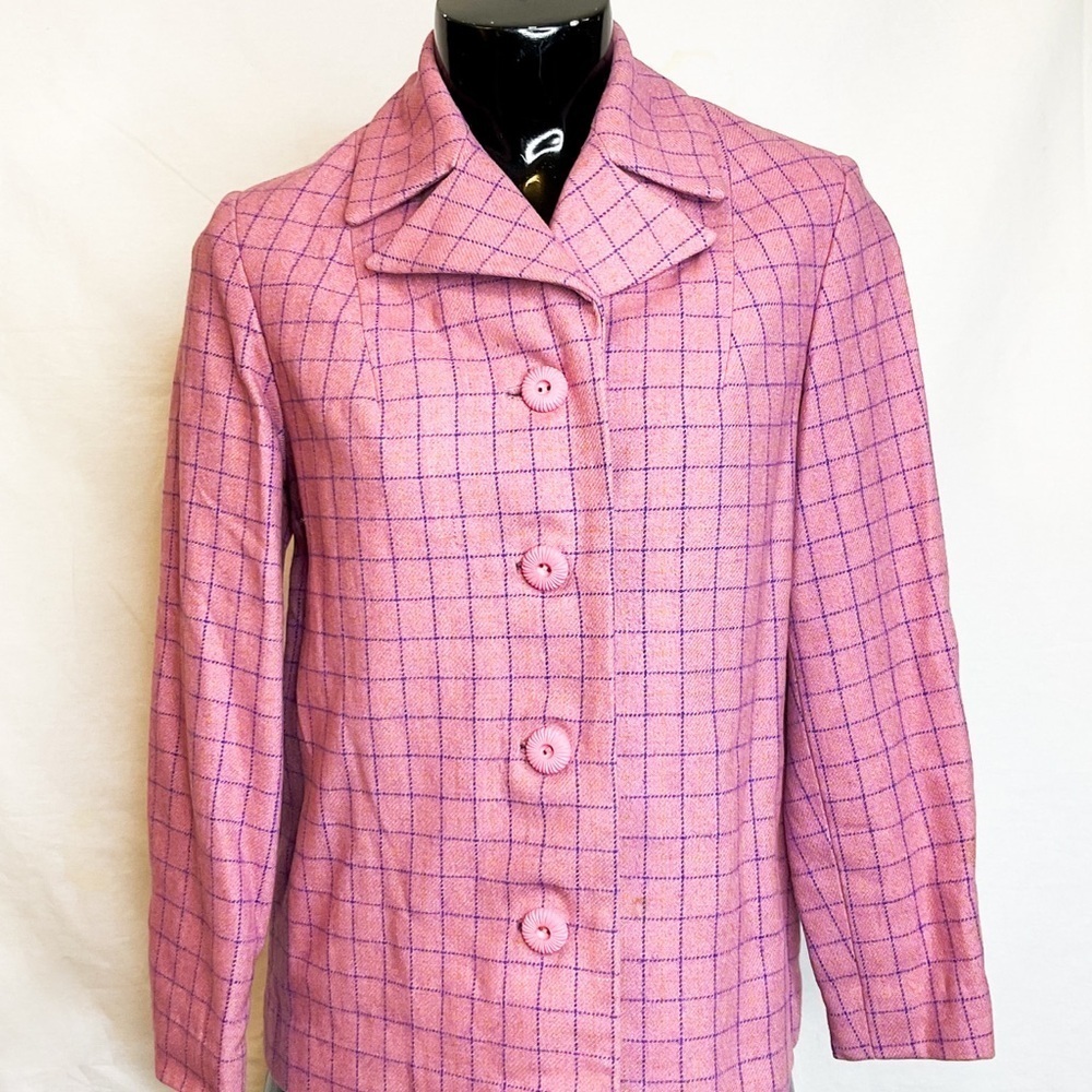 70s Vintage Pink Plaid Wool Blazer Jacket Small